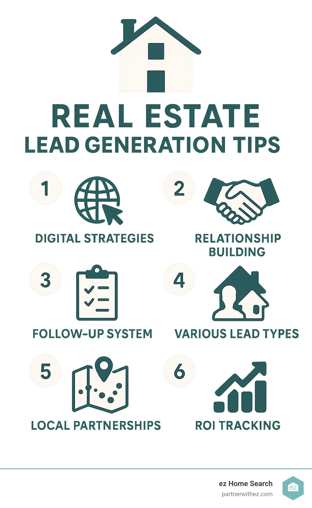 Infographic showing the 7 essential real estate lead generation tips with icons for digital strategies, relationship building, follow-up systems, lead types, local partnerships, automation tools, and ROI tracking - real estate lead generation tips infographic Infographic showing the 7 essential real estate lead generation tips with icons for digital strategies, relationship building, follow-up systems, lead types, local partnerships, automation tools, and ROI tracking - real estate lead generation tips infographic