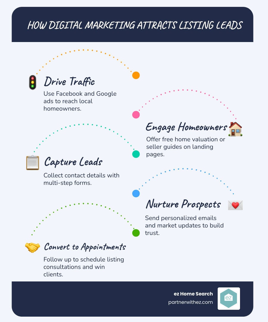 Digital marketing funnel for real estate listings showing traffic sources, landing pages, lead capture, nurture sequences, and conversion to appointments - how to get more real estate listings infographic infographic-line-5-steps-blues-accent_colors