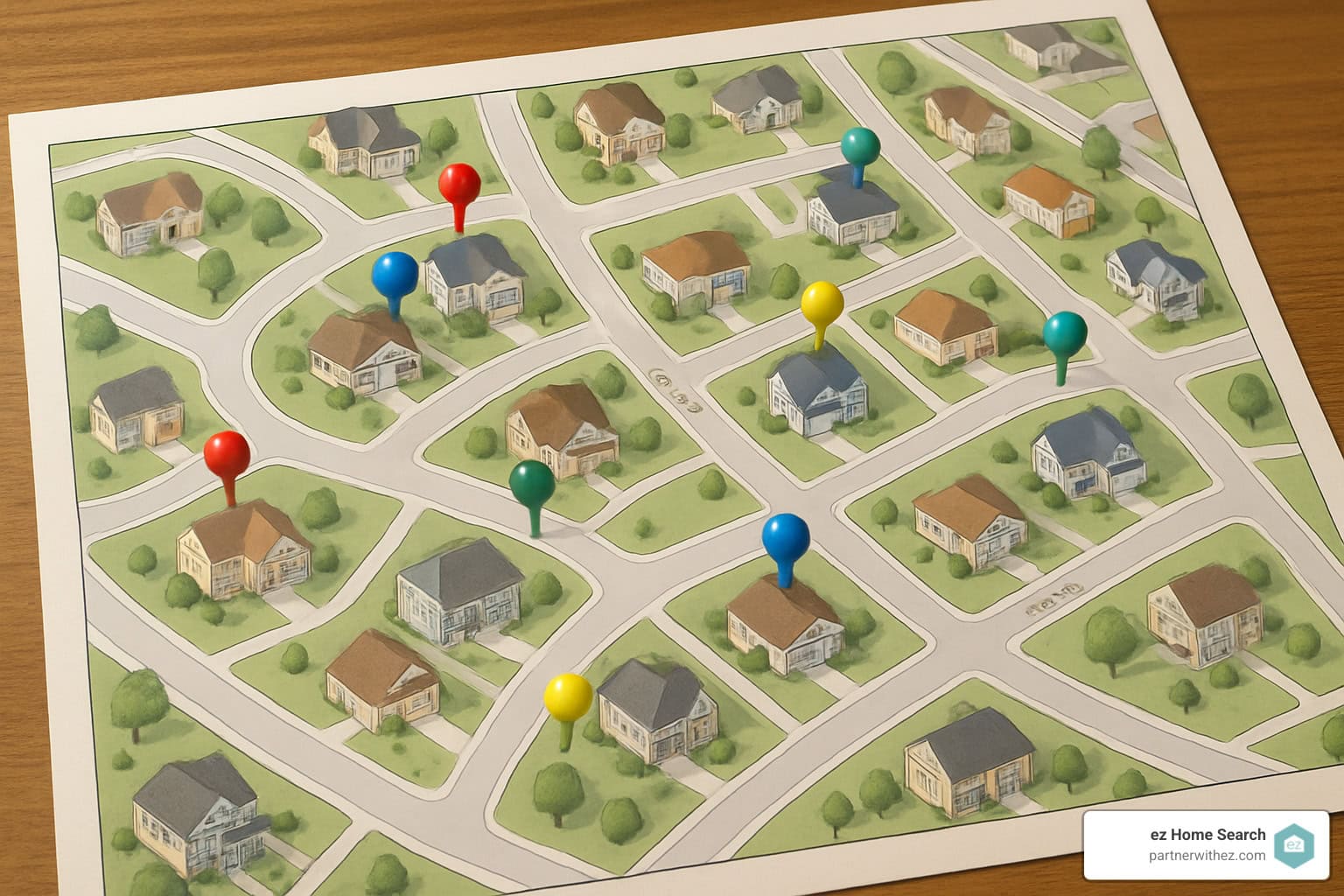 neighborhood map with planning pins - door knocking real estate