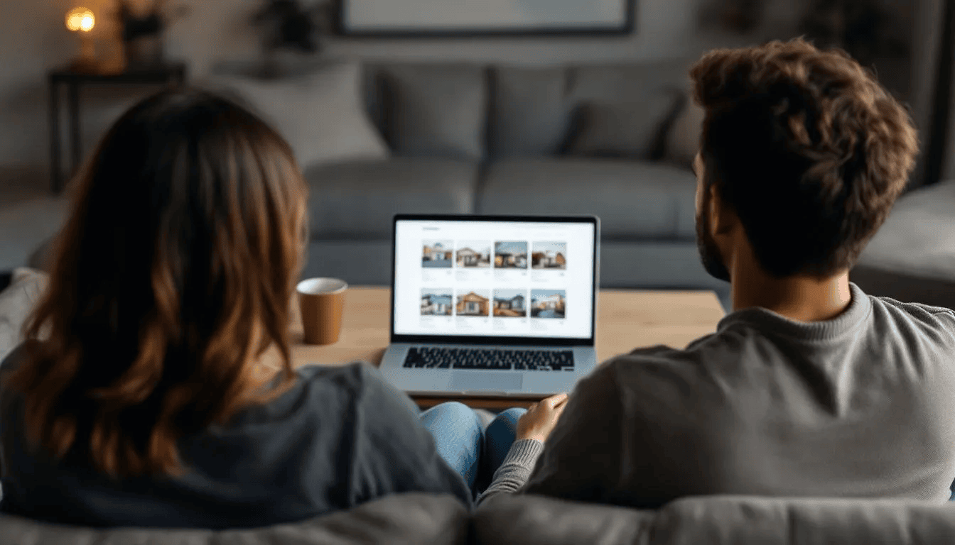 Two people sit on a couch looking at a laptop displaying real estate listings, with a coffee cup on the table in front of them.