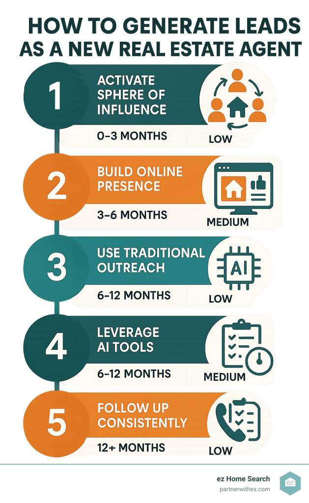 Infographic detailing how to generate leads as a new real estate agent, outlining five key steps with timelines and estimated lead yields for each stage.