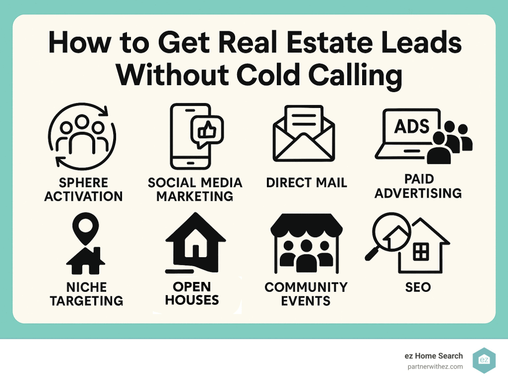 Infographic showing how to get real estate leads without cold calling: activate your sphere, use social media marketing, direct mail, paid ads, niche targeting, host open houses, and attend community events.