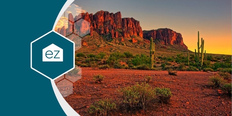 Desert park with red rock and saguaro at sunset near Scottsdale, Arizona