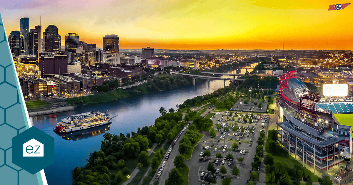 Downtown Nashville skyline along the river at sunset
