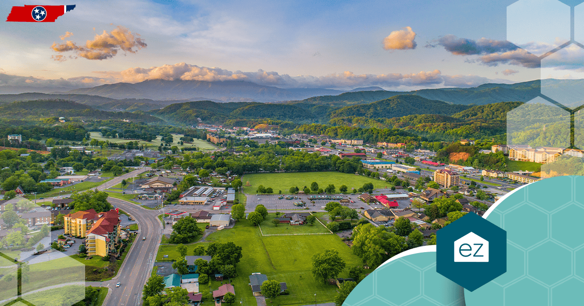 Aerial view of Pigeon Forge, Tennessee in the Smoky Mountains
