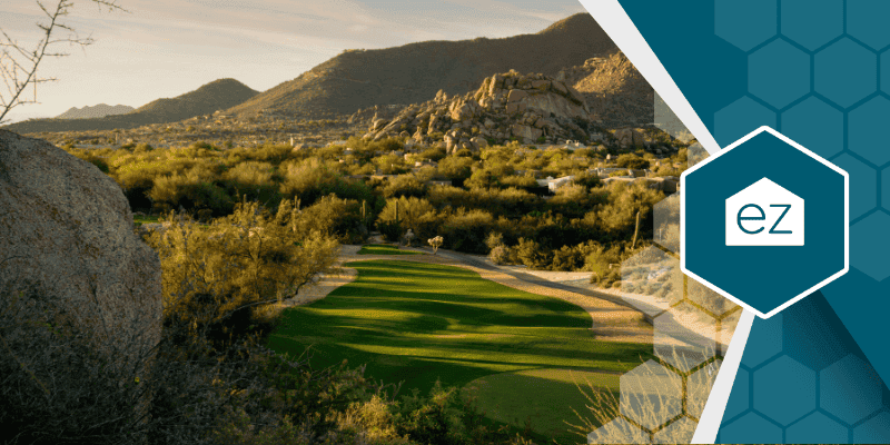 Golf course surrounded by desert and rocky hills in Scottsdale, Arizona