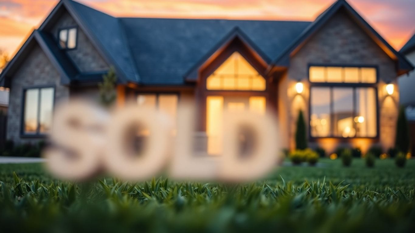 Modern home with a sold sign and happy agents.