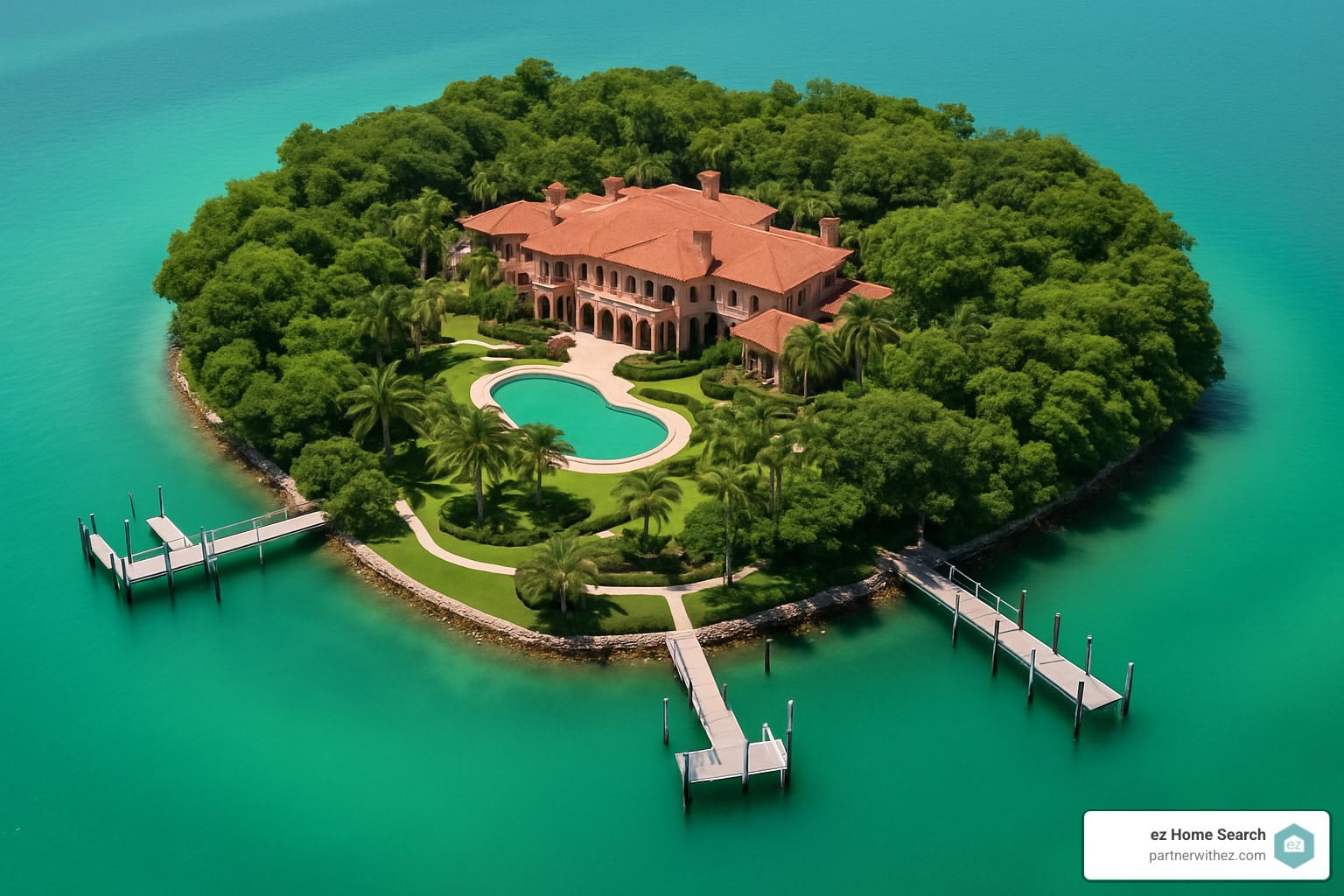 Aerial photo of a private island luxury estate, surrounded by turquoise water and dense greenery - exclusive real estate opportunities