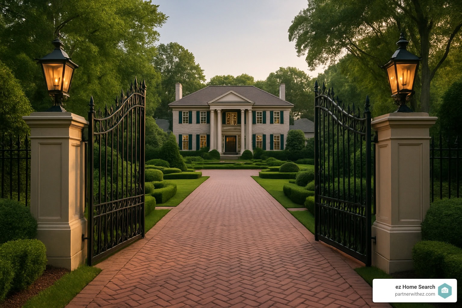 Luxury estate with gated entrance and manicured landscaping, symbolizing the exclusivity and privacy of high-end real estate - exclusive real estate opportunities