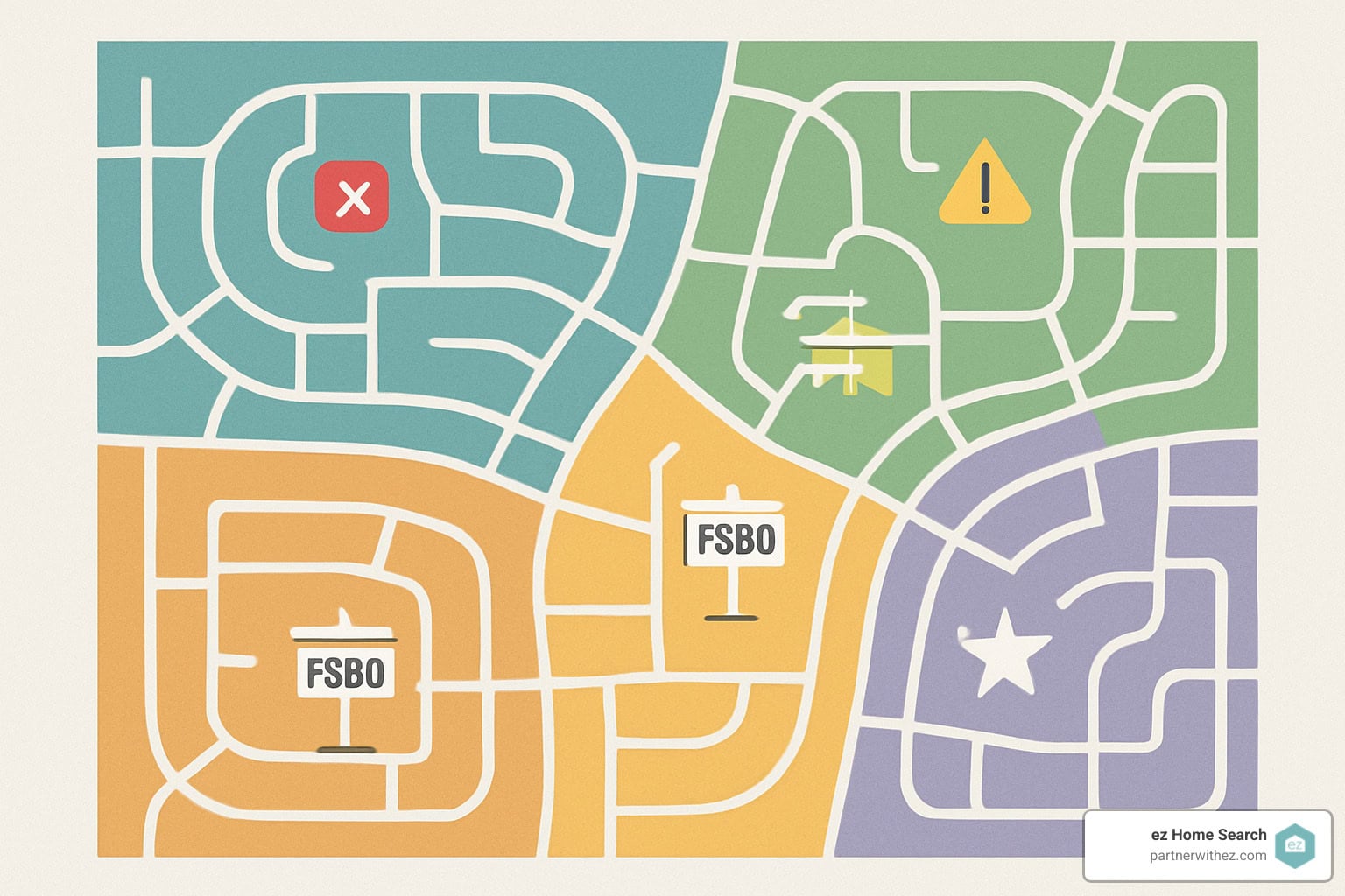 Color-coded map showing different types of seller leads distributed across neighborhoods with visual indicators for expired listings, FSBO properties, pre-foreclosures, and predictive analytics scores - house seller leads