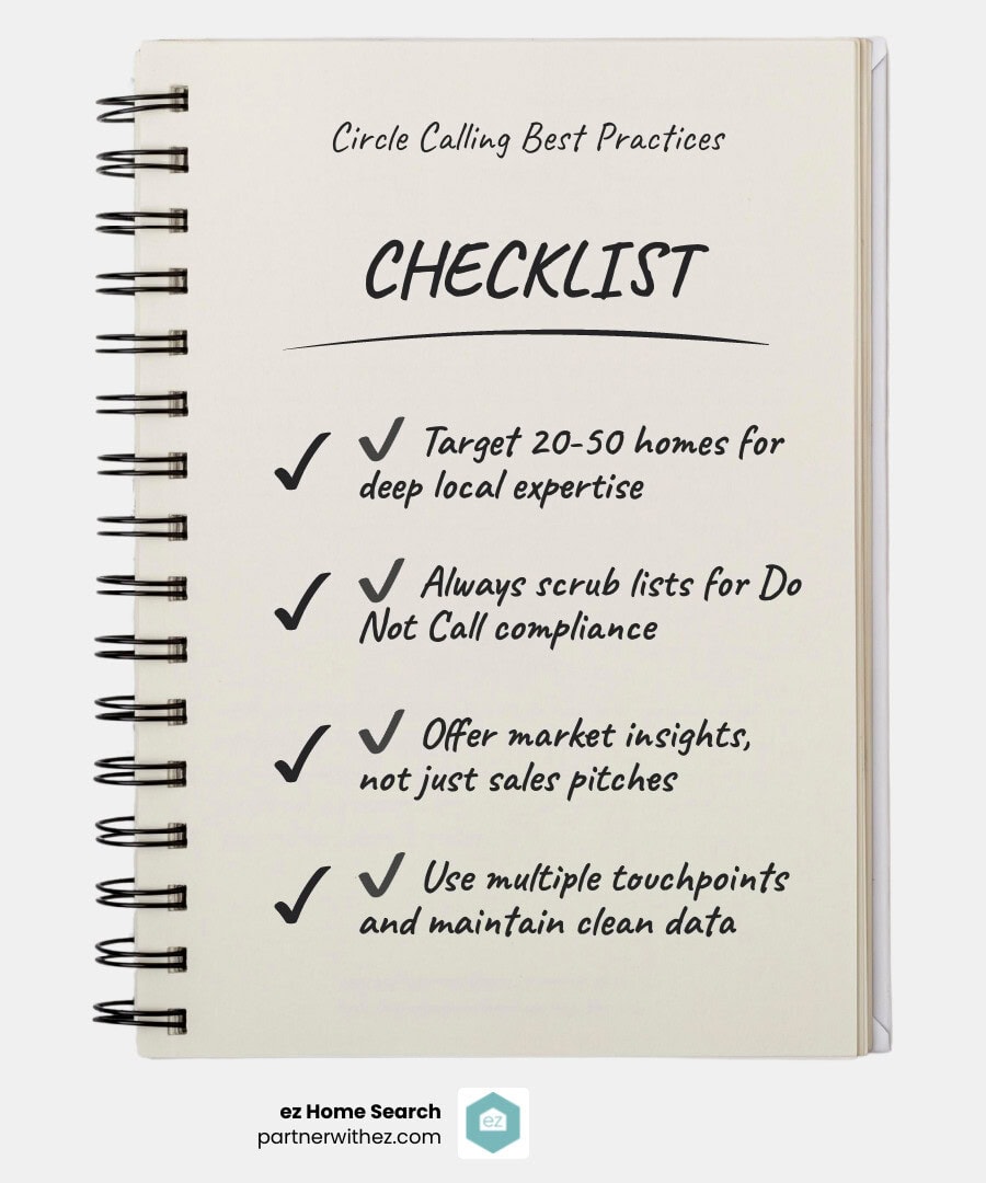 Best practices recap infographic showing key elements of successful circle calling campaigns - circle calling real estate infographic checklist-notebook