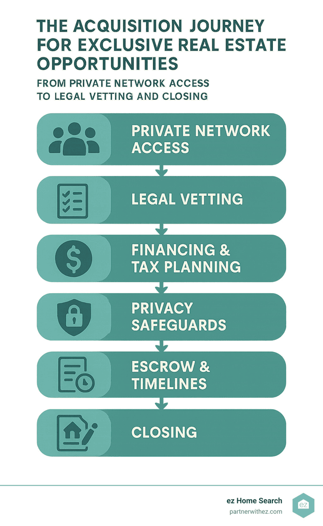 Infographic: The acquisition journey for exclusive real estate opportunities, from private network access to legal vetting and closing - exclusive real estate opportunities infographic Infographic: The acquisition journey for exclusive real estate opportunities, from private network access to legal vetting and closing - exclusive real estate opportunities infographic