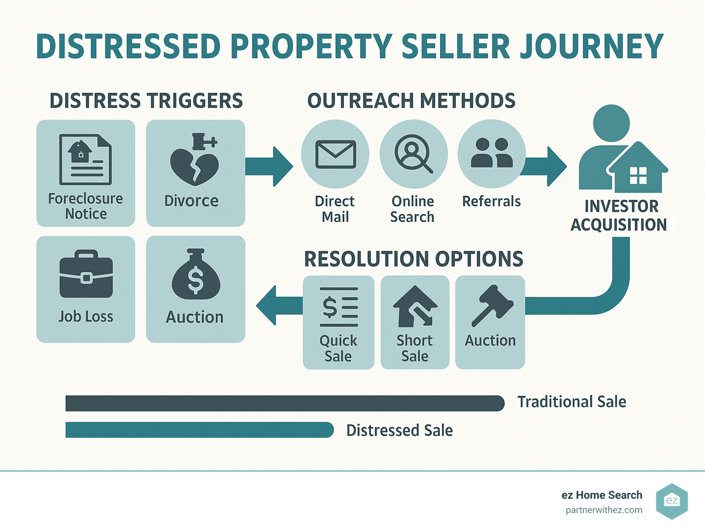 Distressed Property Seller Journey showing the progression from initial distress triggers (foreclosure notice, bankruptcy, divorce, job loss) through outreach methods (direct mail, online search, referrals) to resolution options (quick sale, short sale, auction) and finally to investor acquisition with timeline comparisons between traditional and distressed sales - distressed property sellers infographic Distressed Property Seller Journey showing the progression from initial distress triggers (foreclosure notice, bankruptcy, divorce, job loss) through outreach methods (direct mail, online search, referrals) to resolution options (quick sale, short sale, auction) and finally to investor acquisition with timeline comparisons between traditional and distressed sales - distressed property sellers infographic