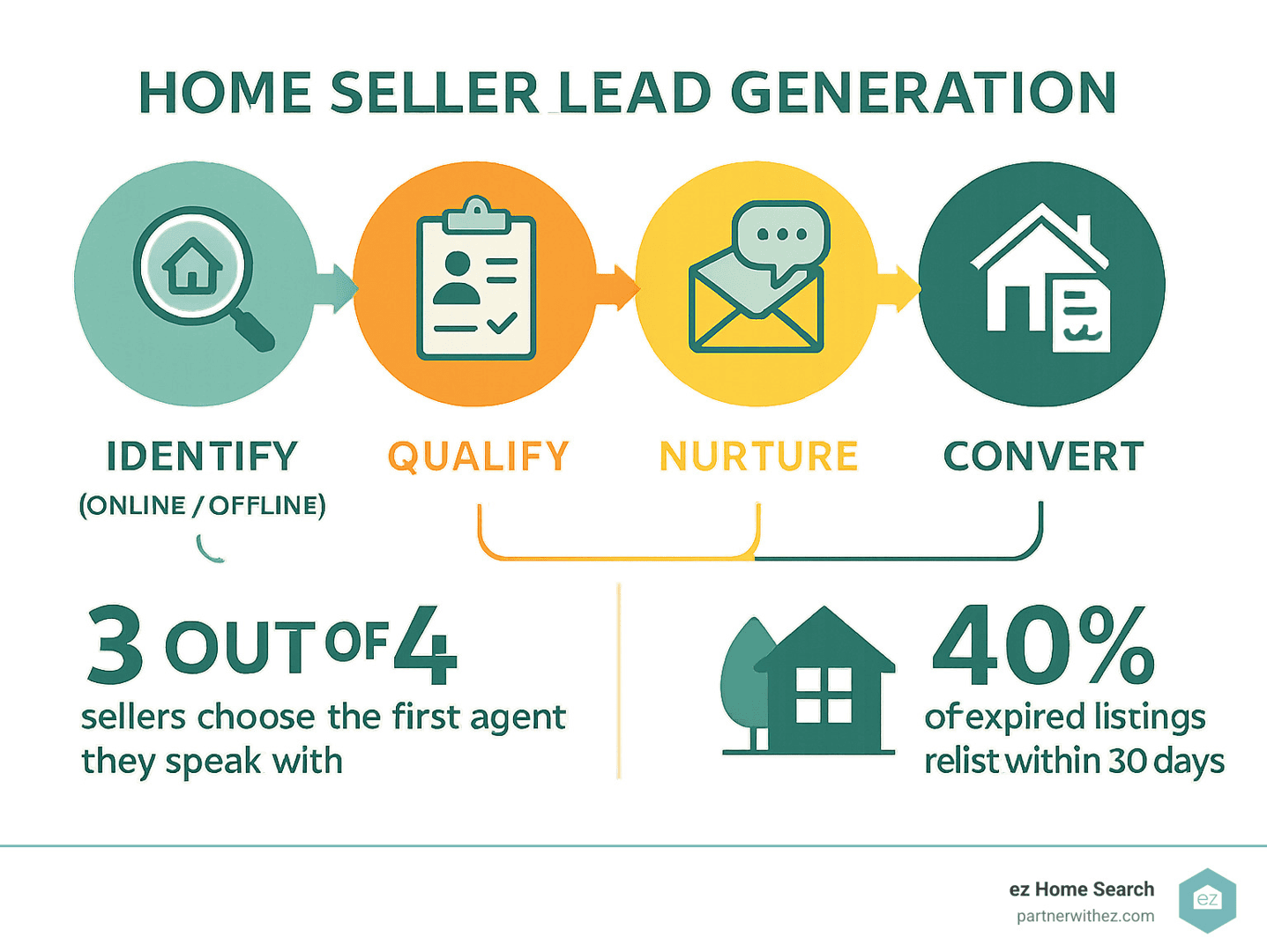 Infographic showing the journey from identifying a seller lead (online/offline), through qualification, nurturing, and converting into a listing agreement, with key statistics such as "3 out of 4 sellers choose the first agent they speak with" and "40% of expired listings relist within 30 days". - home seller lead generation infographic