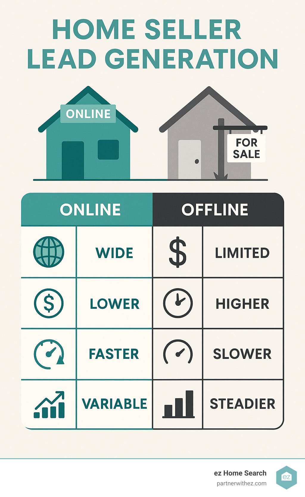 Infographic: Table comparing online vs. offline seller lead generation strategies, highlighting differences in reach, cost, speed, and conversion rates. - home seller lead generation infographic