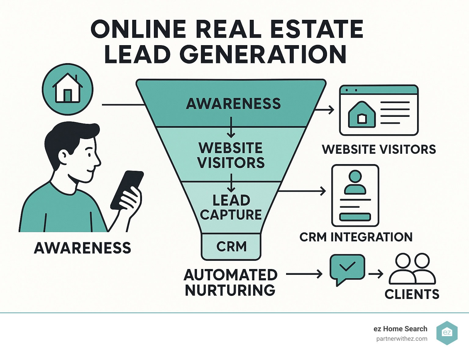 Comprehensive Online Real Estate Lead Generation Funnel showing the journey from awareness through website visitors, lead capture forms, CRM integration, automated nurturing, and final conversion to clients - online lead generation real estate infographic  - online lead generation real estate infographic