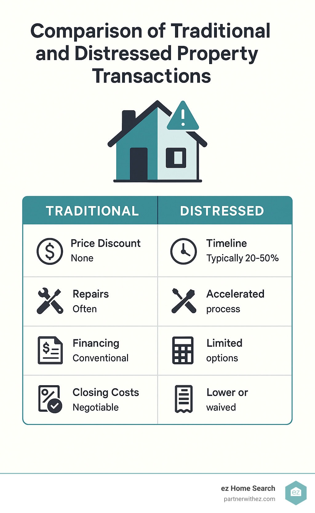 Comparison chart showing key differences between traditional and distressed property transactions, including price discounts, timeline acceleration, repair requirements, financing options, and closing cost variations - distressed property sellers infographic Comparison chart showing key differences between traditional and distressed property transactions, including price discounts, timeline acceleration, repair requirements, financing options, and closing cost variations - distressed property sellers infographic
