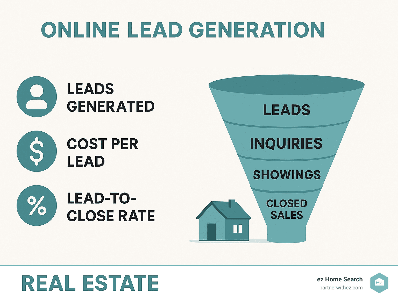 Infographic showing online lead generation for real estate: key metrics on the left and a sales funnel displaying leads, inquiries, showings, and closed sales on the right.