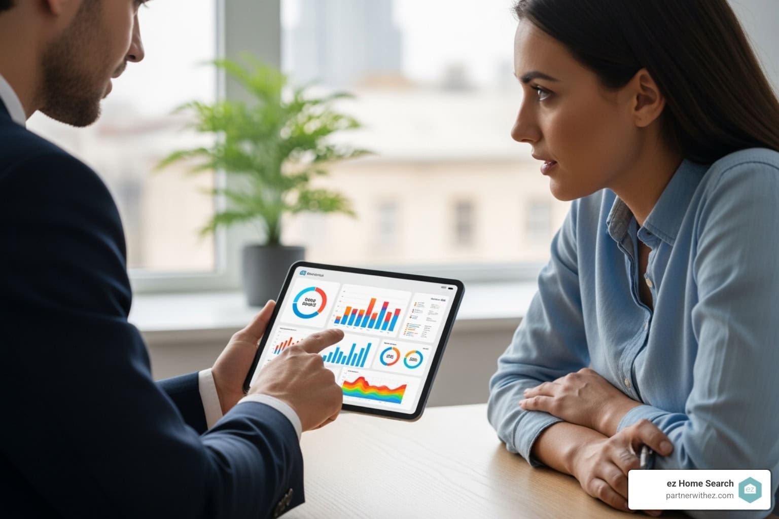 real estate agent using a tablet to show a client AI-driven market data - real estate industry changes