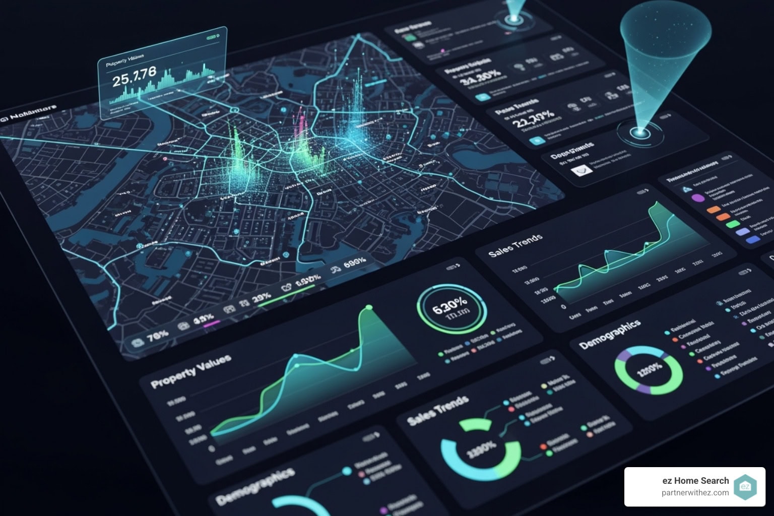 AI-powered dashboard analyzing property data and market trends on a map - real estate technology disruption