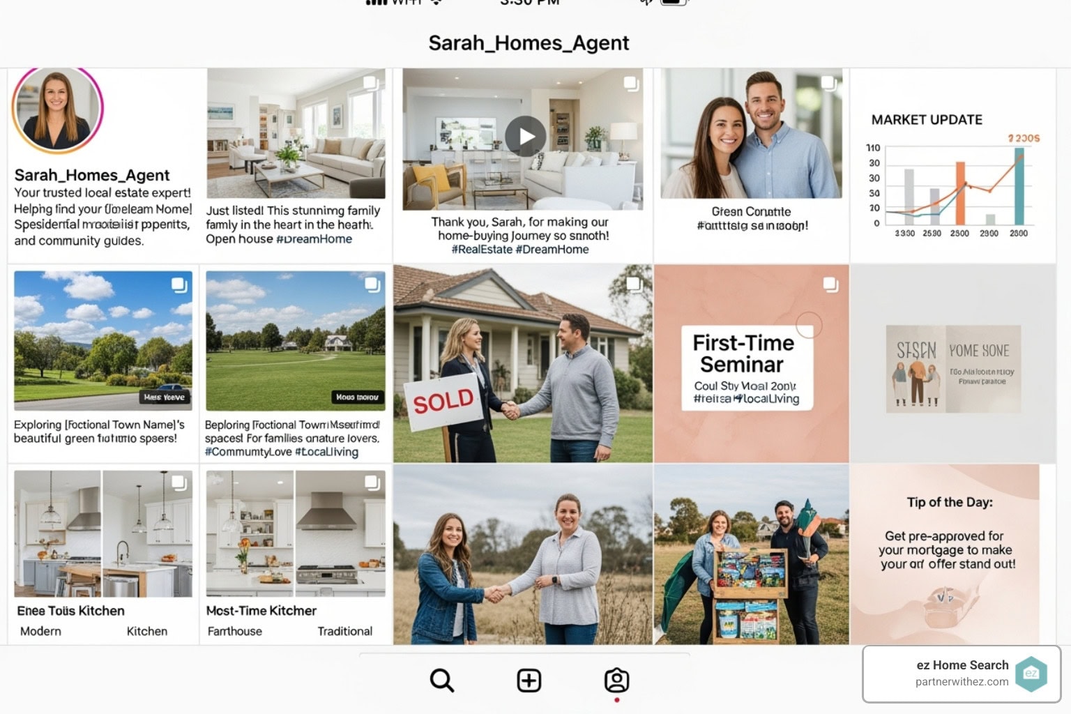 agent's Instagram profile showcasing listings, client testimonials, and local content - realtor digital marketing