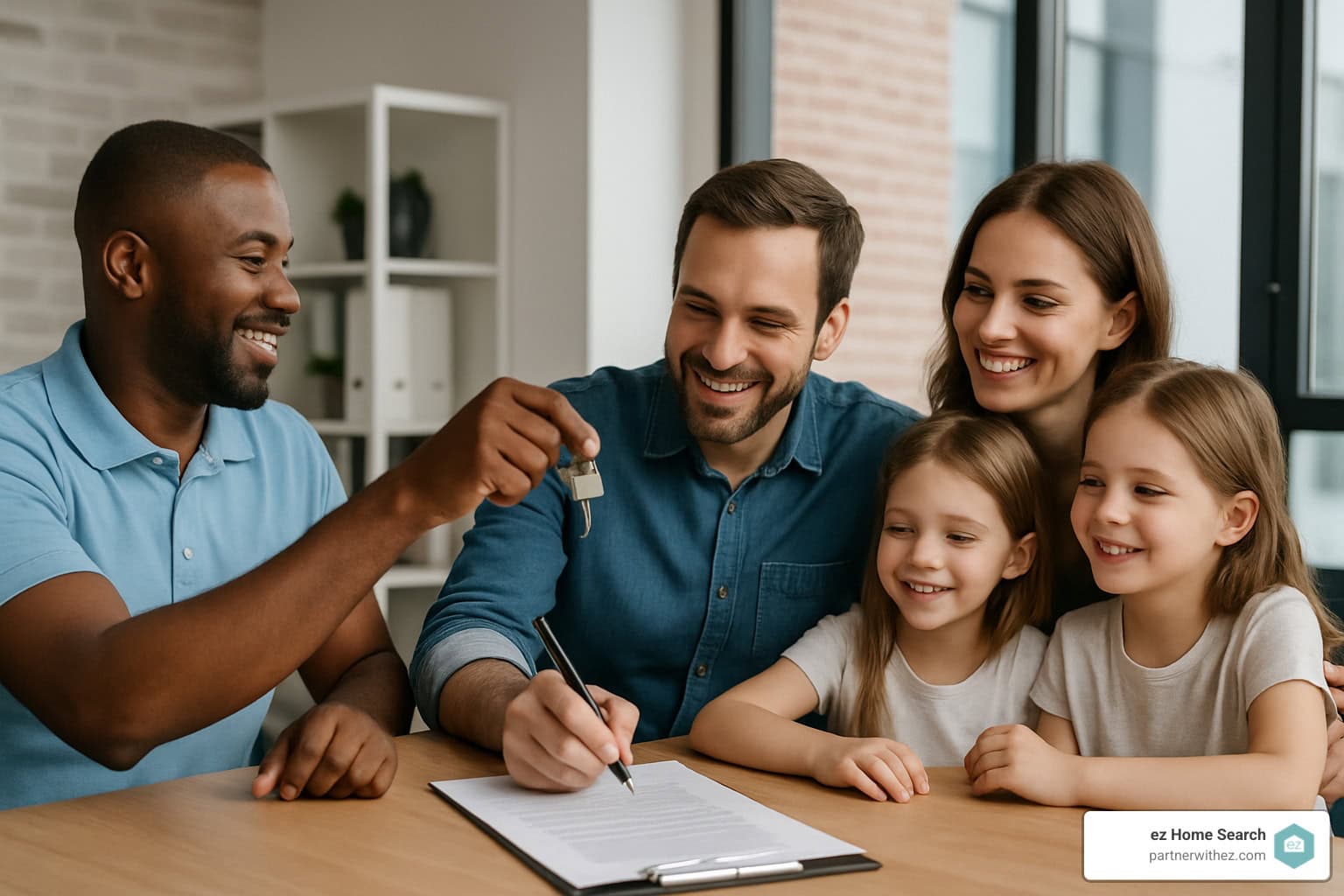 A black real estate agent wearing a light blue polo at a closing table with a family buying their home - buyer leads for real estate agents