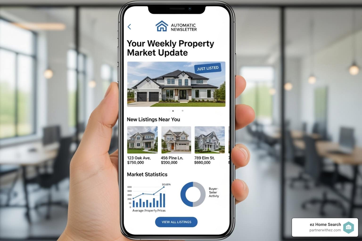 automated email newsletter on a smartphone screen, showing new listings and market stats - realtor digital marketing