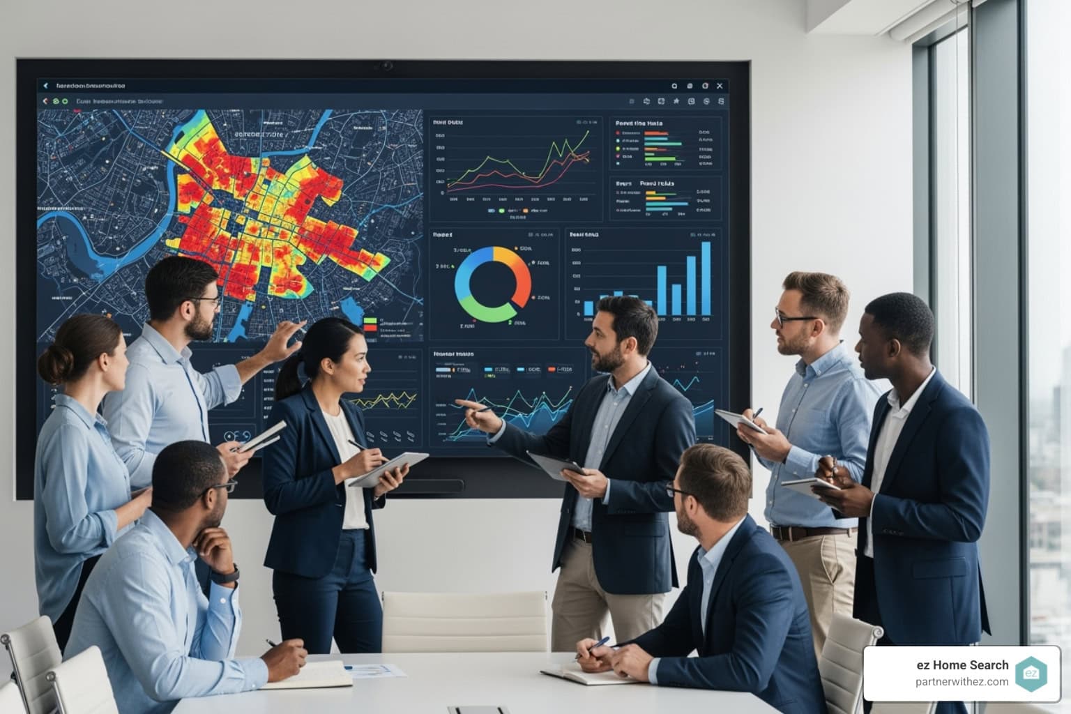 diverse real estate team collaborating around a large screen displaying market analytics - real estate technology disruption
