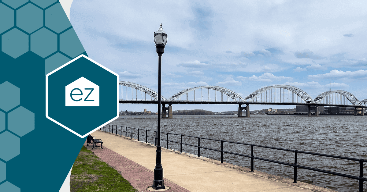 Riverfront path and arched bridge in Davenport, Iowa, part of the Quad Cities
