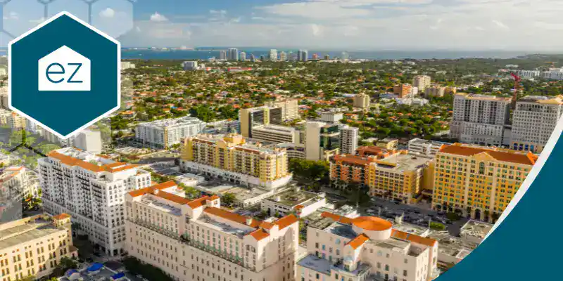 Drone view of buildings in Coral Gables, Miami