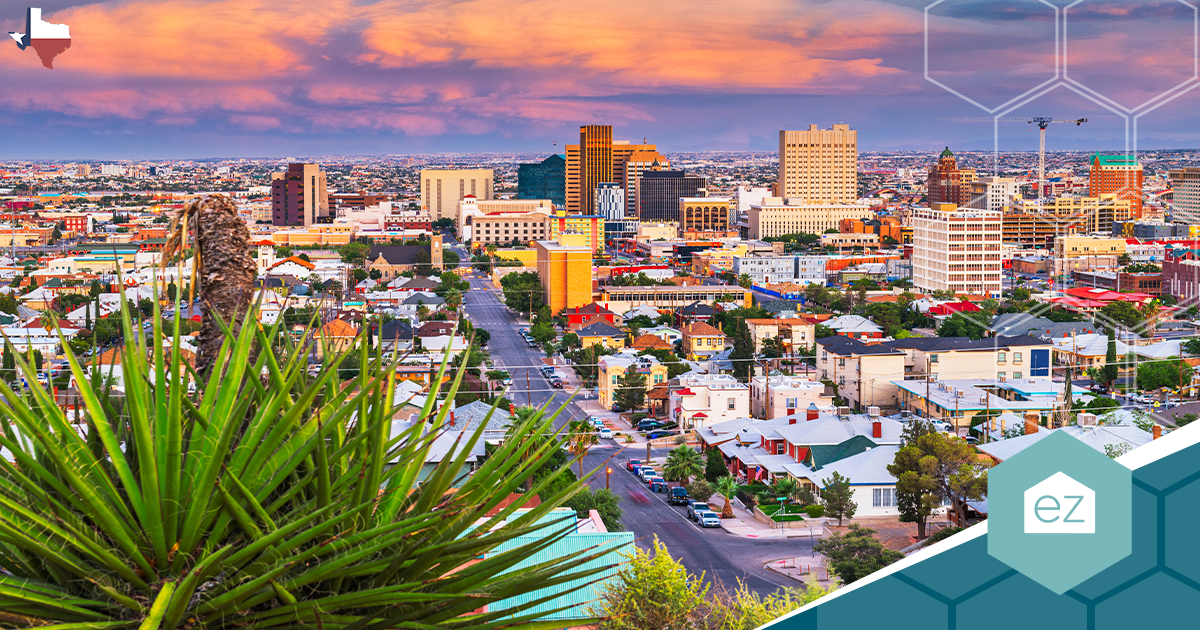 The El Paso, Texas skyline at sunset.
