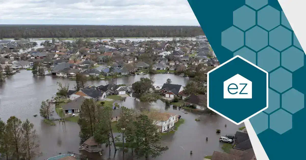 Aerial view of a flooded residential area in the New Orleans, Louisiana region