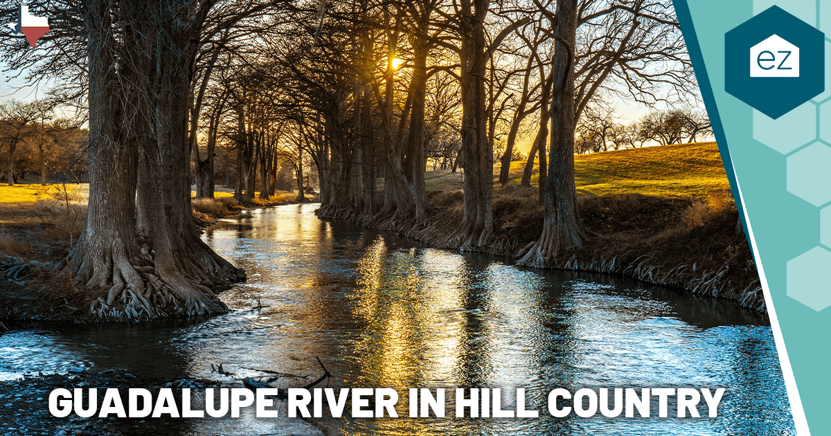 The Guadalupe River winding through the Texas Hill Country at sunset.
