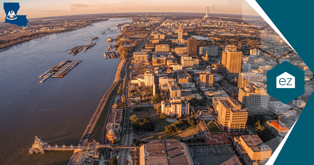 Baton Rouge skyline along the Mississippi River at sunset