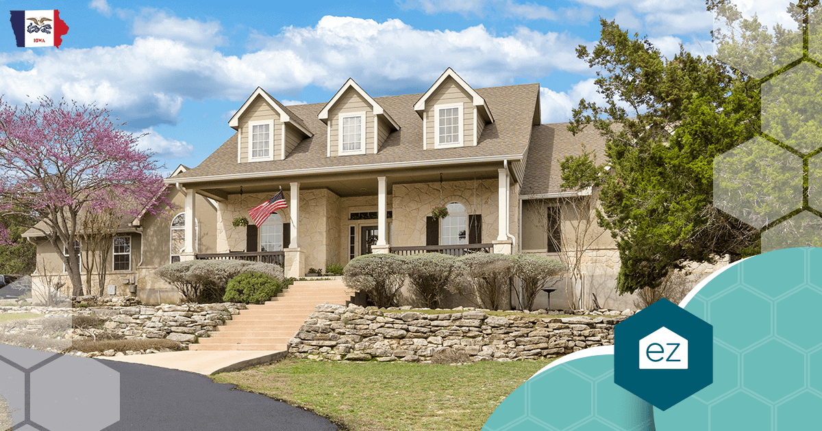 Stone-front suburban home with a covered porch in Iowa