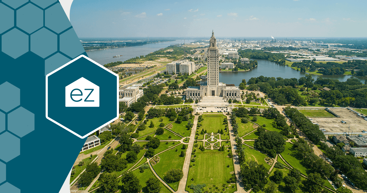 Aerial view of the Louisiana State Capitol and grounds in downtown Baton Rouge