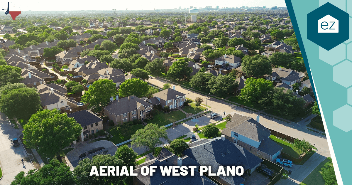 Aerial view of a West Plano, Texas neighborhood of single-family homes.