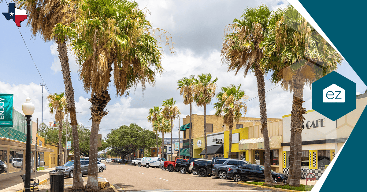 A palm-lined downtown street in Harlingen in the Rio Grande Valley.