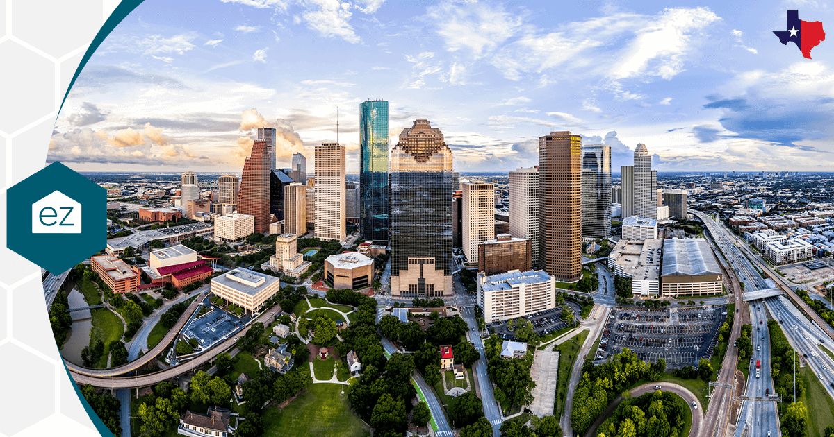 Aerial view of the downtown Houston, Texas skyline along the water