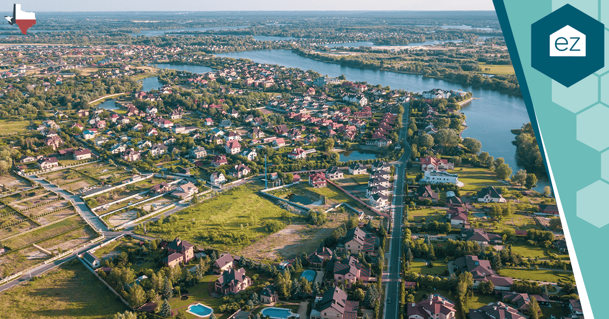 Aerial view of a Houston, Texas suburban neighborhood with pools and greenery.