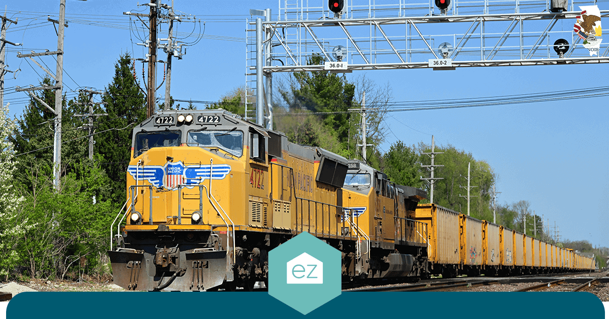 Freight train on Illinois rail line feeding the Will County logistics corridor