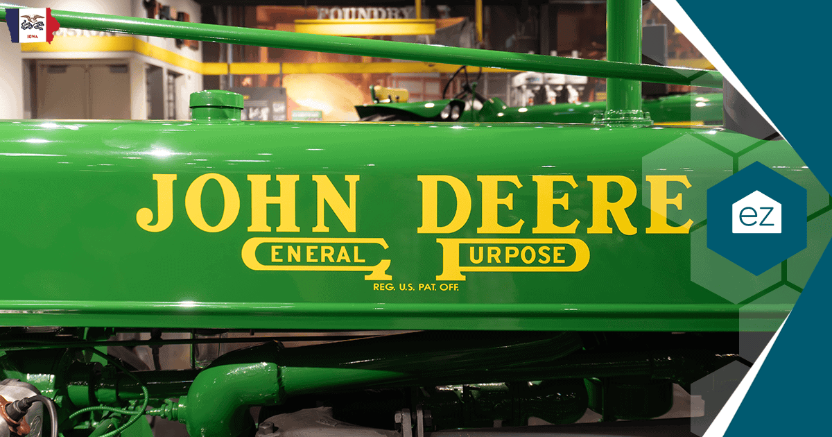 A John Deere tractor on display, a symbol of Iowa manufacturing and agriculture