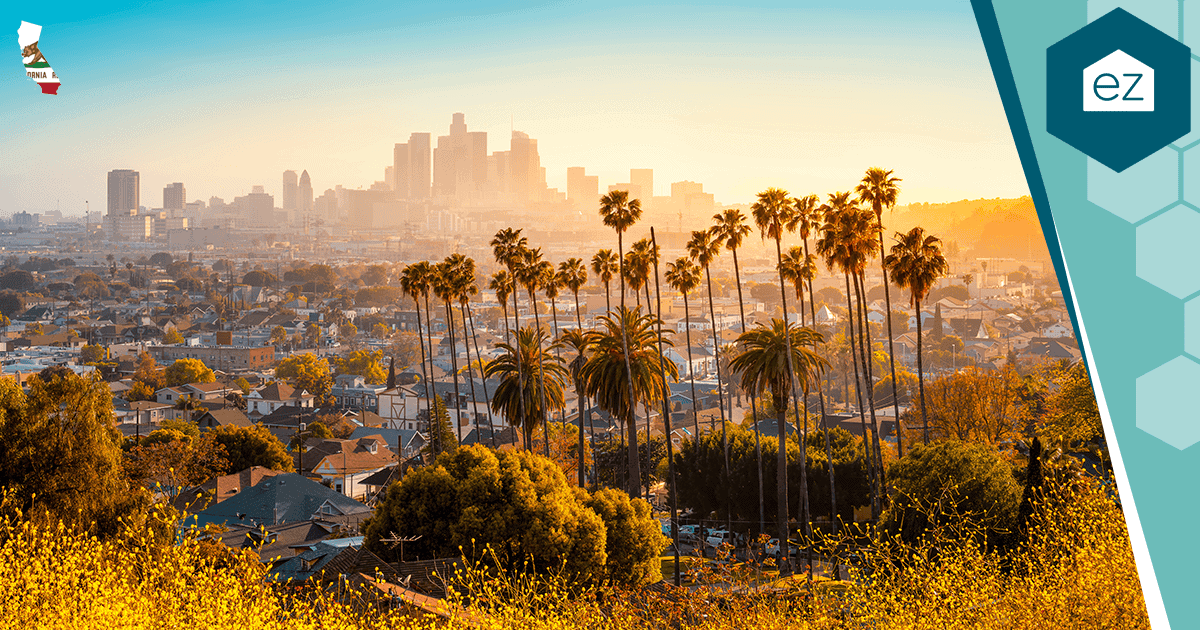 Downtown Los Angeles skyline at sunset with palm trees