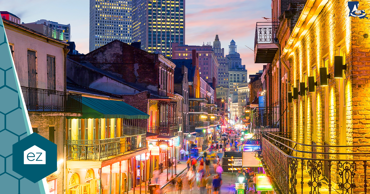 Bourbon Street in the New Orleans French Quarter at dusk