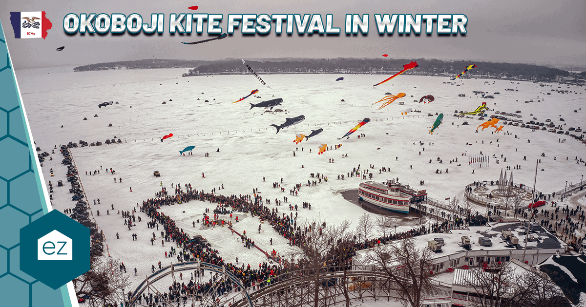 Crowd on a frozen lake at the Okoboji kite festival in the Iowa Great Lakes