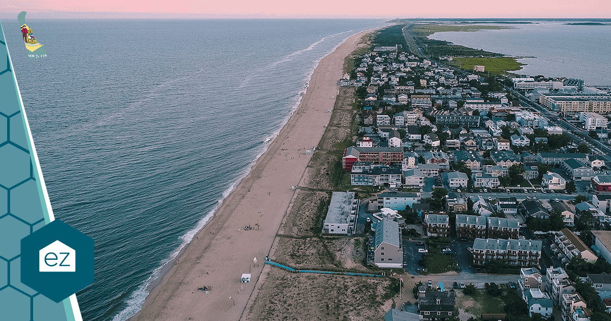 Aerial view of the Rehoboth Beach, Delaware coastline, the heart of Sussex County's high-priced resort market