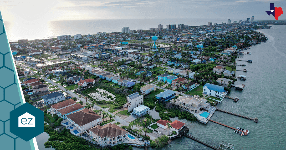Aerial view of a Texas Gulf Coast neighborhood with docks and waterways.