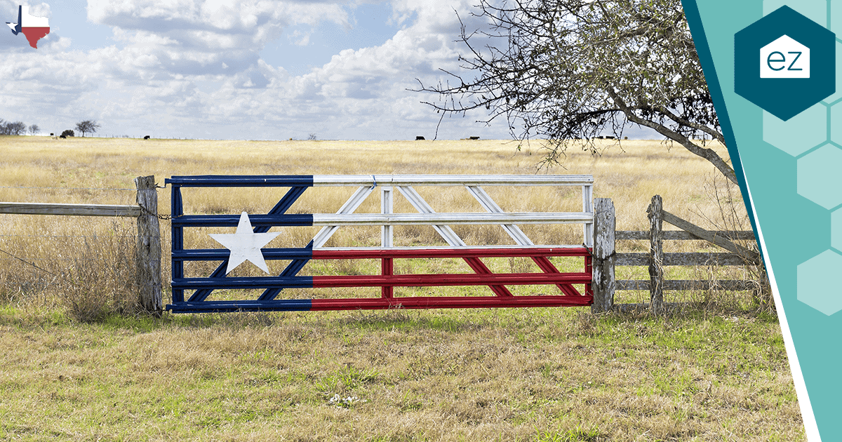 A metal ranch gate painted with the Texas flag in a rural field.