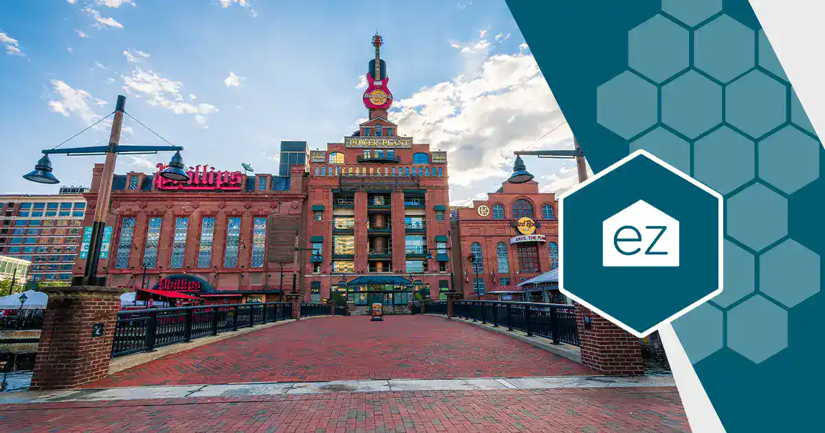 Historic red-brick building with a clock tower in Baltimore, Maryland