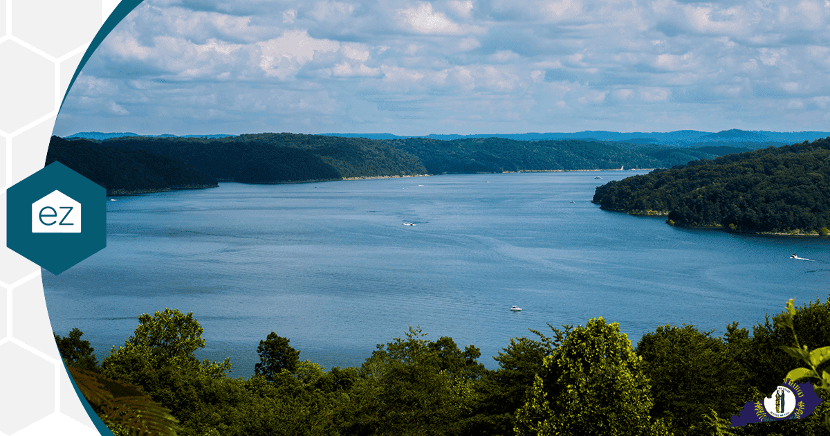 Lake Cumberland winds between forested hills in south-central Kentucky